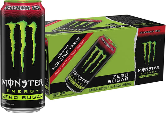 Monster Energy Zero Sugar Strawberry Shot, Green, Original, Sugar Free Energy Drink, 16 Ounce (Pack of 15)