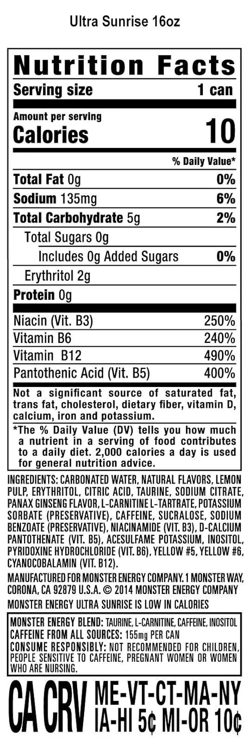 Monster Energy Ultra Sunrise, Sugar Free Energy Drink, 16 Fl Oz (Pack of 24)