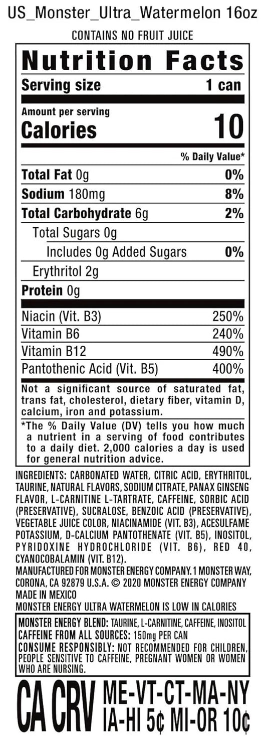 Monster Energy Ultra Watermelon, Sugar Free Energy Drink, 16 Ounce | Pack of 15