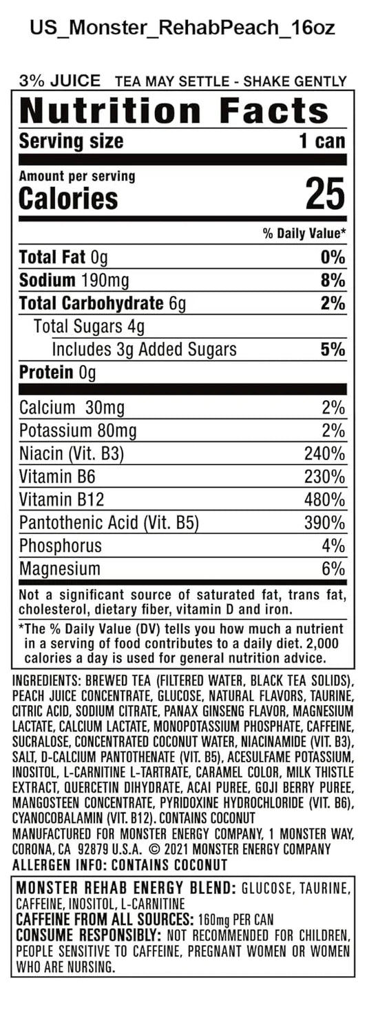 Monster Rehab Peach Tea + Energy, Energy Drink, 15.5 Ounce | Energy Iced Tea, Pack of 15